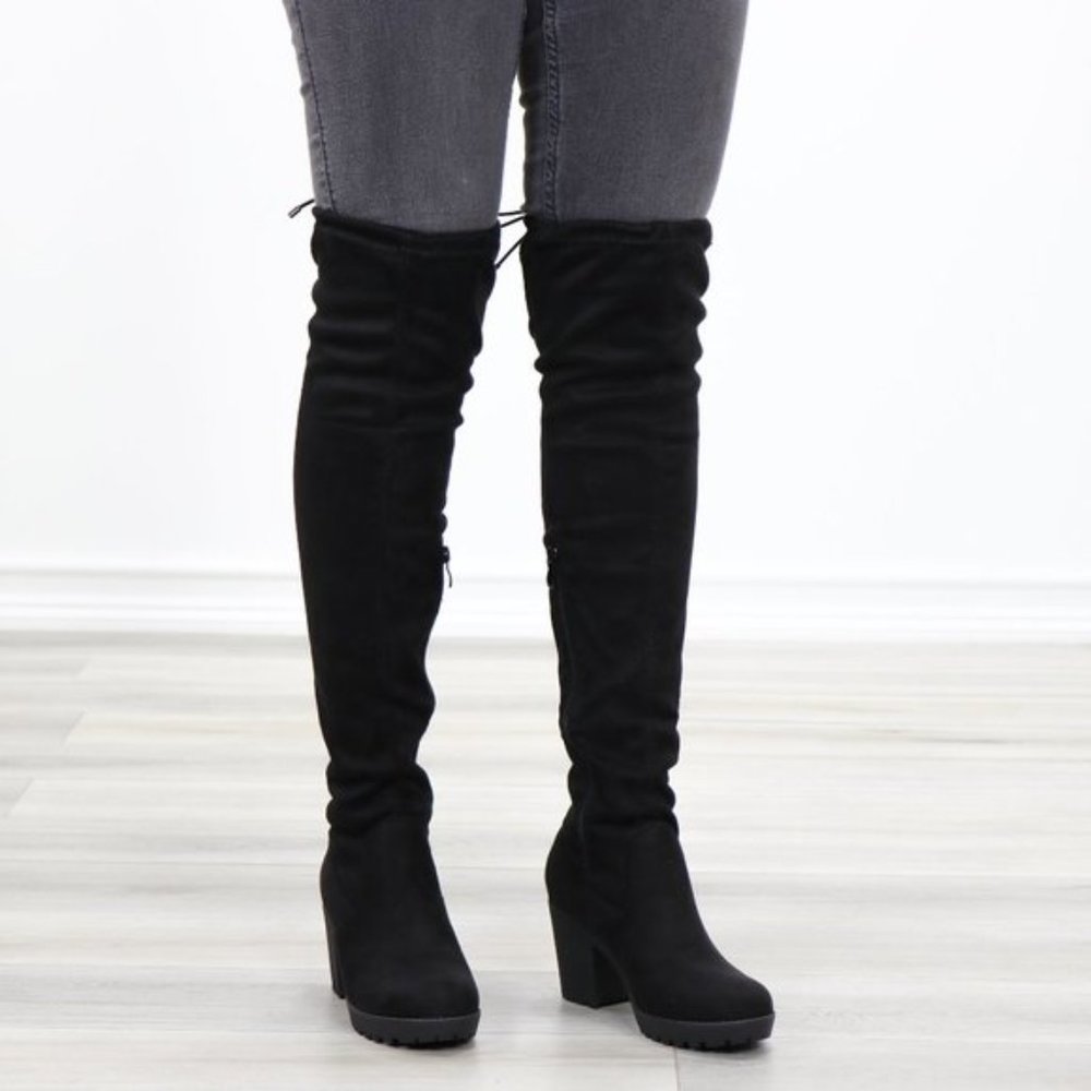 Lug Chunky Heel BlackThigh High Suede Boots - Picture 13 of 16